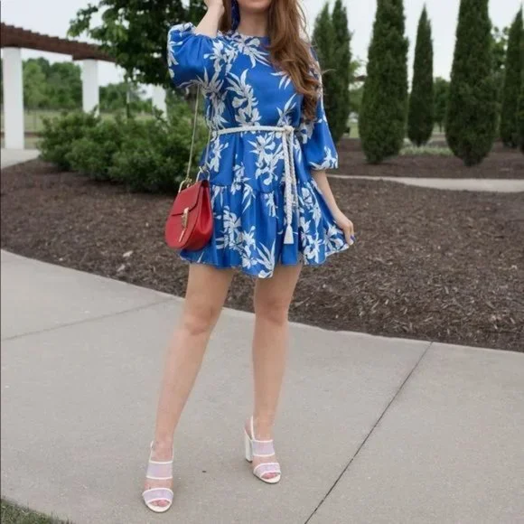 Alexis Blue Mini Dress XXS Floral Print Rope Belt Swing Long Sleeve Satin New - Picture 6 of 15
